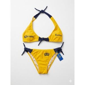 Y2K Corona Extra Bikini Set Yellow  Blue Halter Tie Swimsuit NWT M/L Deadstock